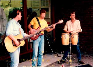 Left to right: Jim Davis, John Harrison, Pete Weldon - Busking Circa 1988